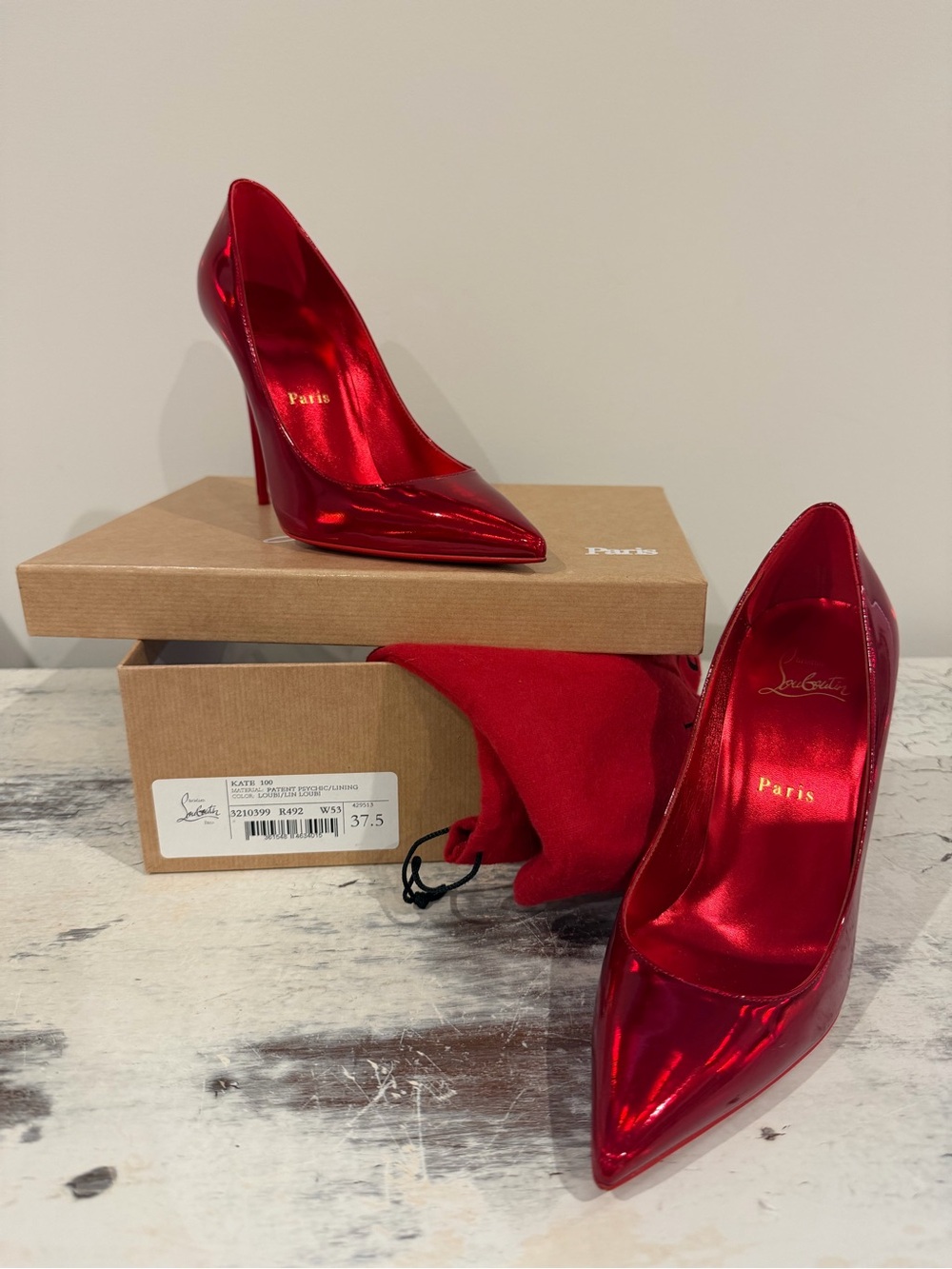 Christian Louboutin KATE Metallic Red Stiletto Pumps patent psychic 37.5